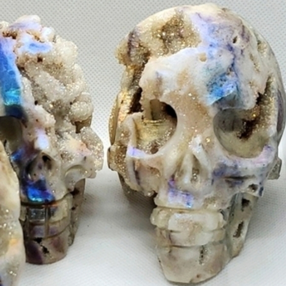 Skull Carving Of Aura Sphalerite Druzy Natural Crystal Gemstone Super Iridescent